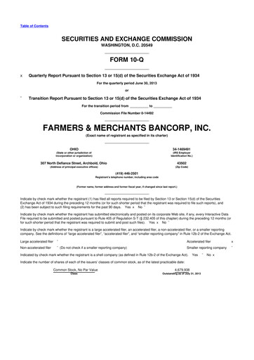 Thumbnail Farmers & Merchants Bancorp 10-Q Quarterly Report FY2013 