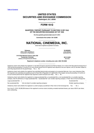 Thumbnail National CineMedia 10-Q Quarterly Report FY2013 
