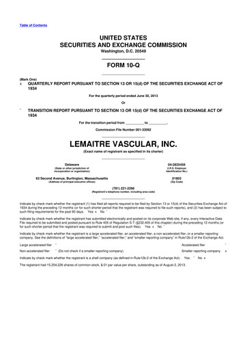 Miniature LeMaitre Vascular 10-Q Rapport trimestriel 2013 