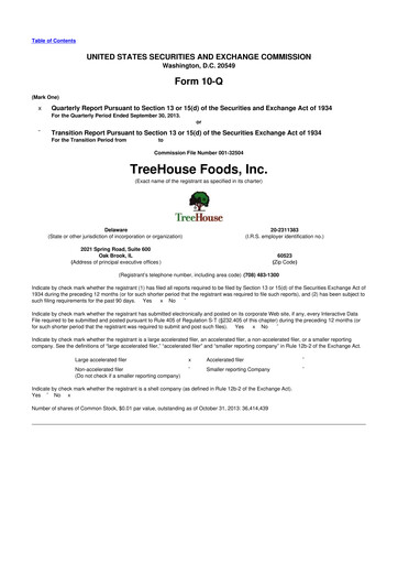 Miniature TreeHouse Foods
 10-Q Rapport trimestriel 2013 