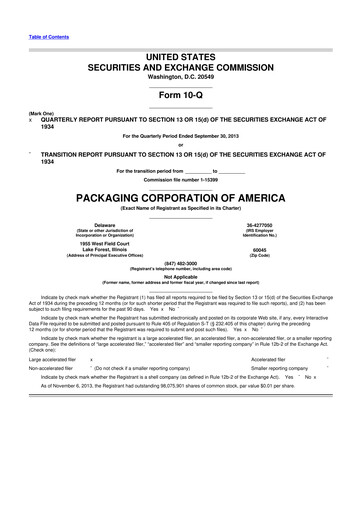 Thumbnail Packaging Corporation of America
 10-Q Quarterly Report FY2013 