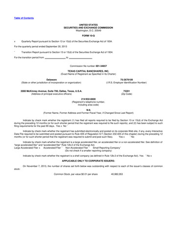 Thumbnail Texas Capital Bancshares 10-Q Quarterly Report FY2013 