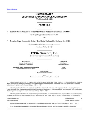 Thumbnail ESSA Bancorp 10-Q Quarterly Report FY2014 