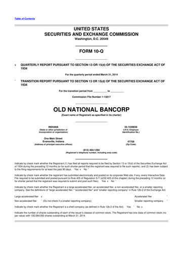 Miniature Old National Bank
 10-Q Rapport trimestriel 2014 