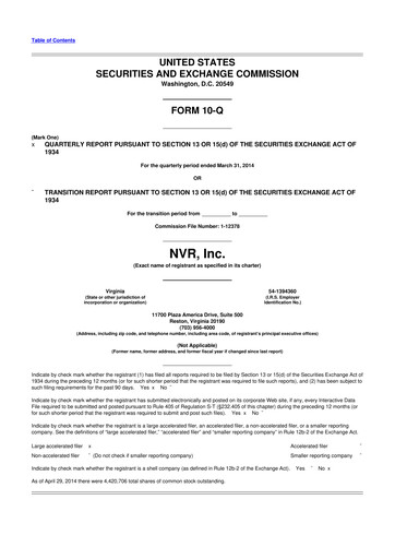 Vorschaubild NVR 10-Q Quartalsbericht 2014 