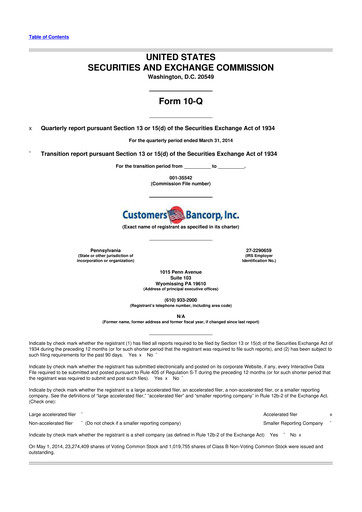 Thumbnail Customers Bancorp
 10-Q Quarterly Report FY2014 