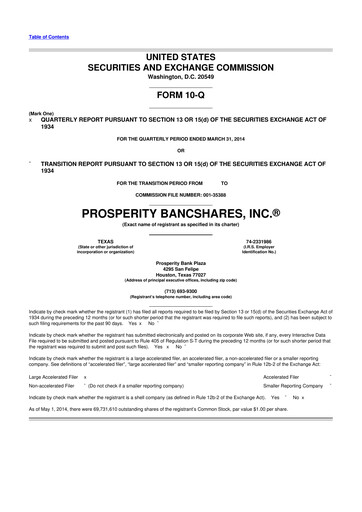 Thumbnail Prosperity Bancshares
 10-Q Quarterly Report FY2014 