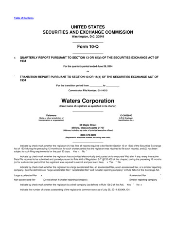 Thumbnail Waters Corporation 10-Q Quarterly Report FY2014 