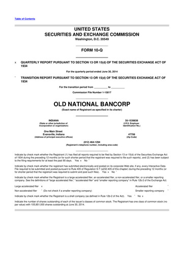 Miniature Old National Bank
 10-Q Rapport trimestriel 2014 
