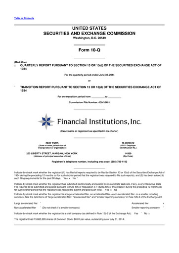 Thumbnail Financial Institutions 10-Q Quarterly Report FY 