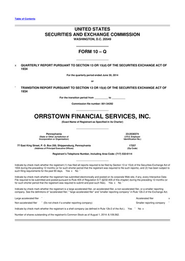 Miniature Orrstown Financial Services 10-Q Rapport trimestriel 2014 