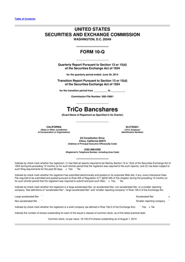 Thumbnail TriCo Bancshares 10-Q Quarterly Report FY2014 