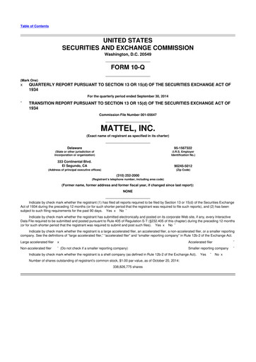 Thumbnail Mattel
 10-Q Quarterly Report FY2014 