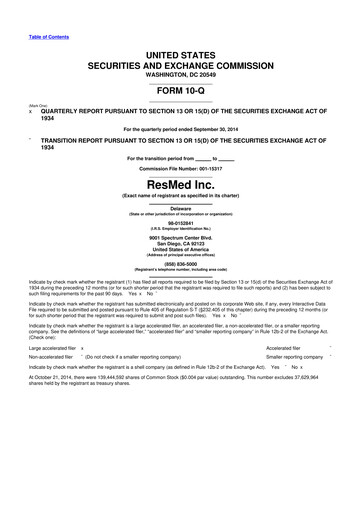 Thumbnail ResMed 10-Q Quarterly Report FY2015 