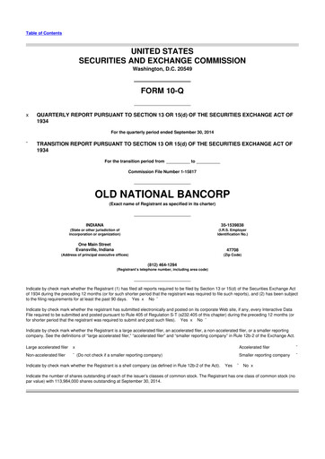 Miniature Old National Bank
 10-Q Rapport trimestriel 2014 