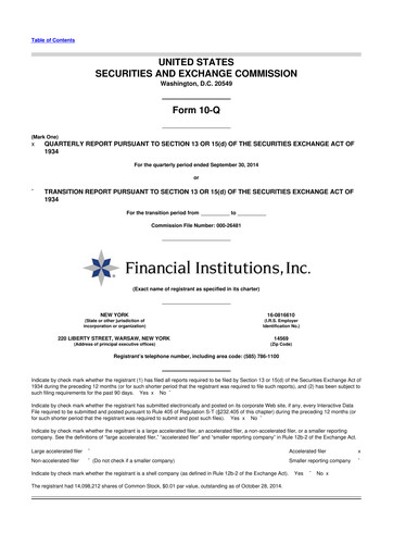 Thumbnail Financial Institutions 10-Q Quarterly Report FY 