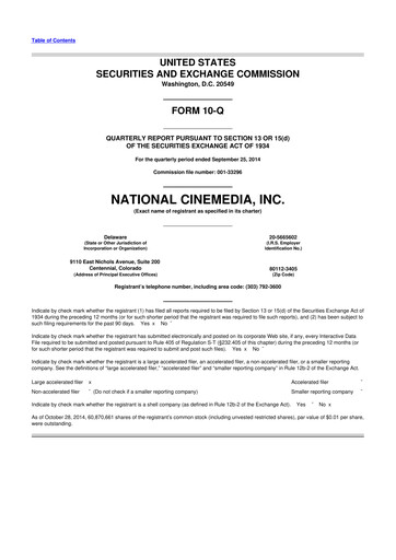 Thumbnail National CineMedia 10-Q Quarterly Report FY2014 