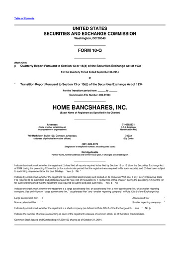 Thumbnail Home BancShares
 10-Q Quarterly Report FY2014 