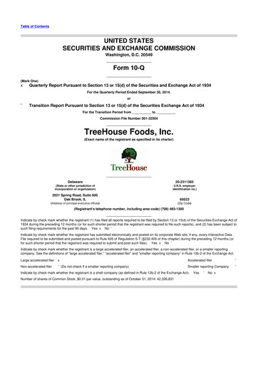 Miniature TreeHouse Foods
 10-Q Rapport trimestriel 2014 
