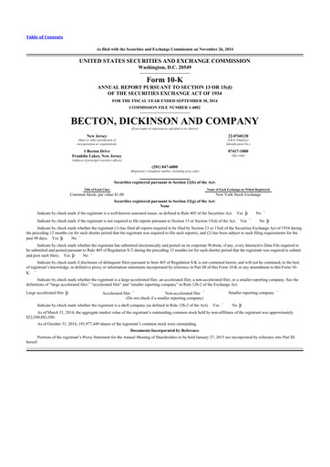 Thumbnail Becton Dickinson 10-K Annual Report 2014