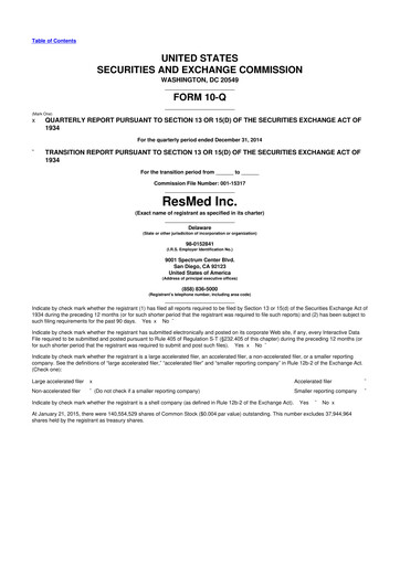 Thumbnail ResMed 10-Q Quarterly Report FY2015 