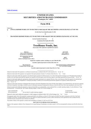 Thumbnail TreeHouse Foods
 10-K Annual Report 2014