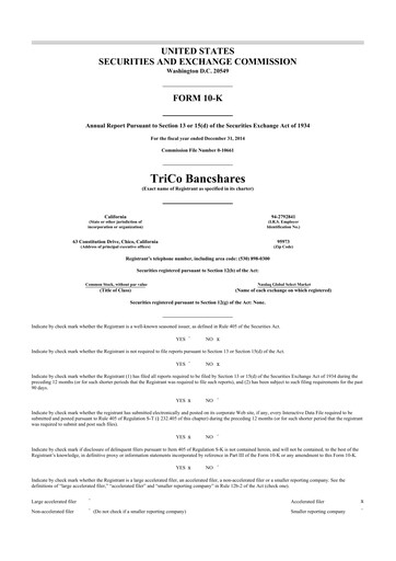 Thumbnail TriCo Bancshares 10-K Annual Report 2014