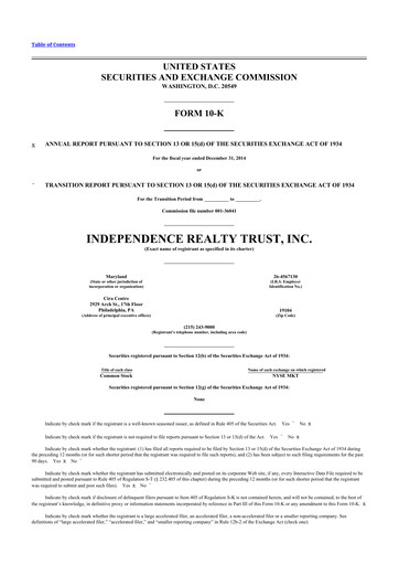 Thumbnail Independence Realty Trust
 10-K Annual Report 2014