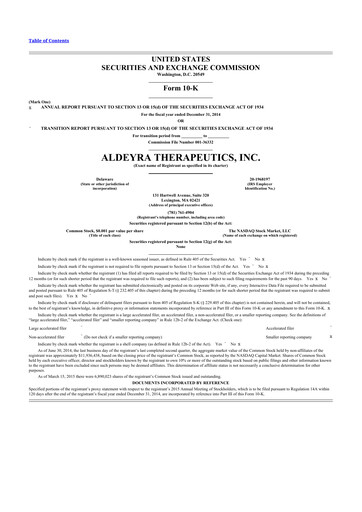 Miniature Aldeyra Therapeutics
 10-K Rapport annuel 2014