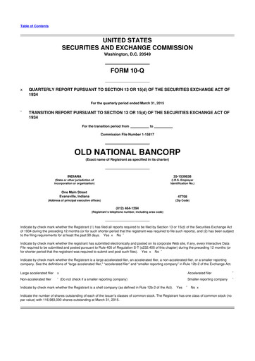Miniature Old National Bank
 10-Q Rapport trimestriel 2015 