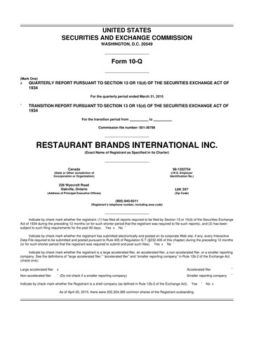 Vorschaubild Restaurant Brands International 10-Q Quartalsbericht 2015 