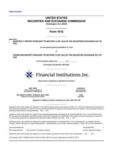 Thumbnail Financial Institutions 10-Q Quarterly Report FY 