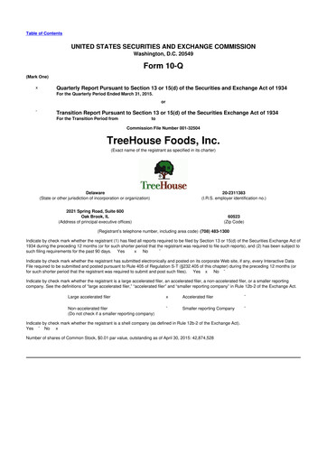 Miniature TreeHouse Foods
 10-Q Rapport trimestriel 2015 