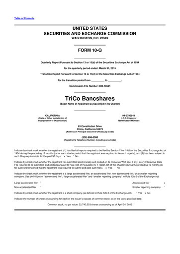 Thumbnail TriCo Bancshares 10-Q Quarterly Report FY2015 