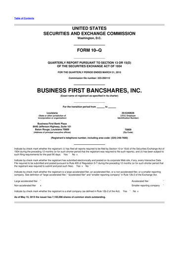 Miniature Business First Bancshares 10-Q Rapport trimestriel  