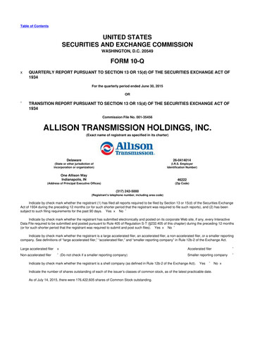 Thumbnail Allison Transmission
 10-Q Quarterly Report FY2015 