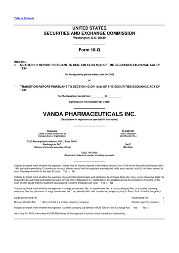 Thumbnail Vanda Pharmaceuticals 10-Q Quarterly Report FY2015 