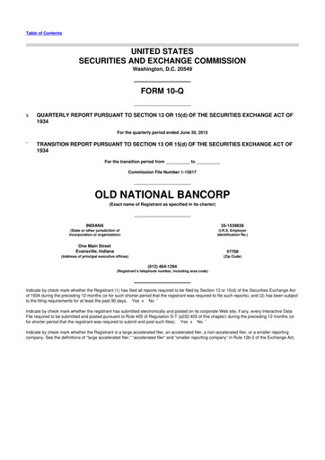 Miniature Old National Bank
 10-Q Rapport trimestriel 2015 