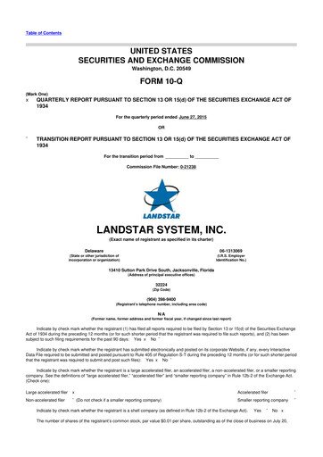 Miniature Landstar System
 10-Q Rapport trimestriel 2015 