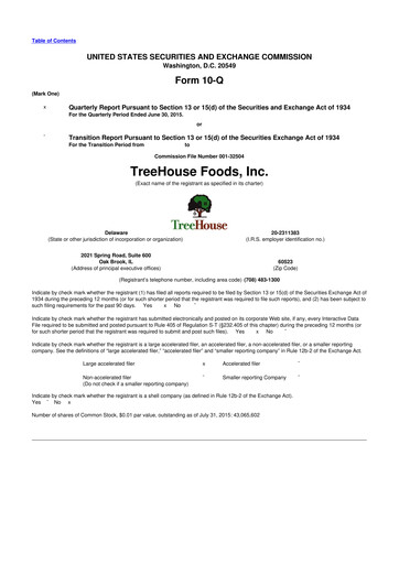 Miniature TreeHouse Foods
 10-Q Rapport trimestriel 2015 