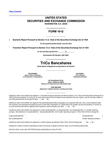 Thumbnail TriCo Bancshares 10-Q Quarterly Report FY2015 