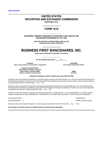 Miniature Business First Bancshares 10-Q Rapport trimestriel 2015 