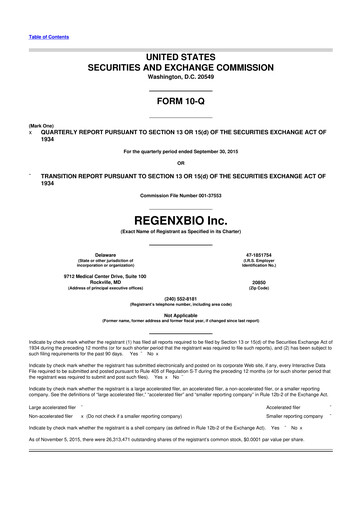 Miniature REGENXBIO 10-Q Rapport trimestriel  
