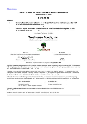 Miniature TreeHouse Foods
 10-Q Rapport trimestriel 2015 