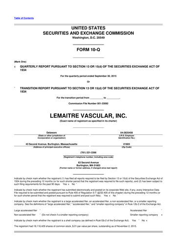 Miniature LeMaitre Vascular 10-Q Rapport trimestriel 2015 