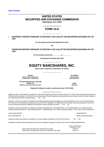 Thumbnail Equity Bancshares 10-Q Quarterly Report FY2015 