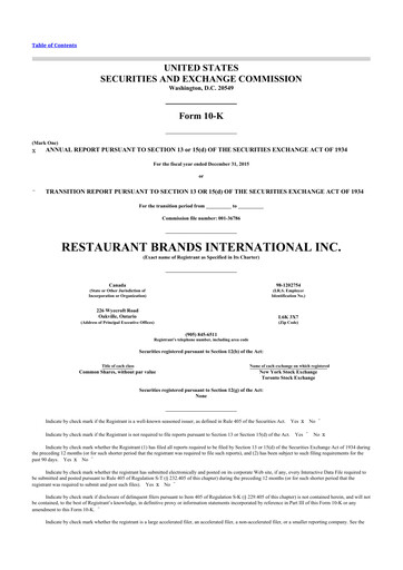 Thumbnail Restaurant Brands International 10-K Annual Report 2015