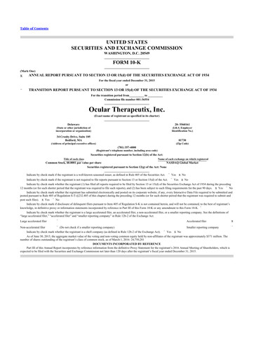 Miniature Ocular Therapeutix 10-K Rapport annuel 2015