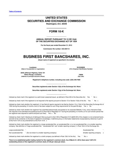 Vorschaubild Business First Bancshares 10-K Jahresbericht 2015