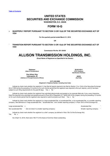 Thumbnail Allison Transmission
 10-Q Quarterly Report FY2016 